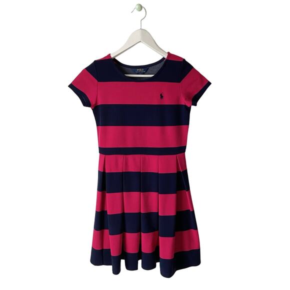 Polo Ralph Lauren Navy/Fuchsia Striped Pleated Dress Girls Size Large (12-14)
